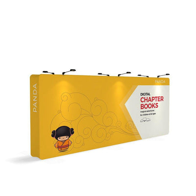 Large 20ft tension fabric trade show display with digital chapter books branding and overhead lights