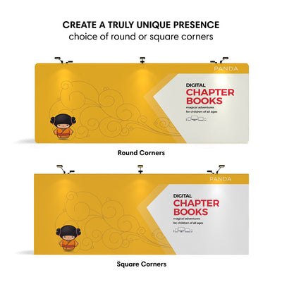 Trade show fabric displays with option for round or square corners featuring digital chapter books promotional graphics