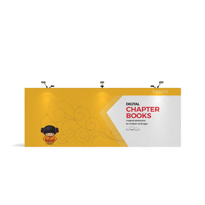 Large tension fabric trade show display with digital chapter books branding for exhibitions and events