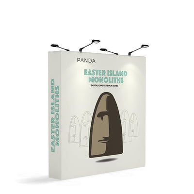 Trade show tension fabric display featuring Easter Island Monoliths digital book graphics with overhead lighting