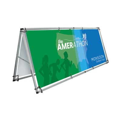 Outdoor banner display frame with running event graphics for trade shows and exhibitions