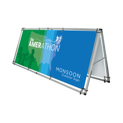 Monsoon outdoor A-frame banner sign displaying marathon event graphics for trade shows and exhibitions