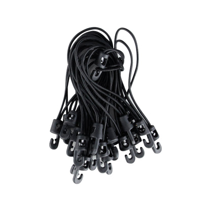 Elastic cords with hooks used for securing trade show displays and exhibition setups