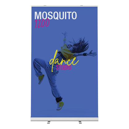 Retractable banner stand displaying dynamic dance studio advertisement for trade shows and exhibitions
