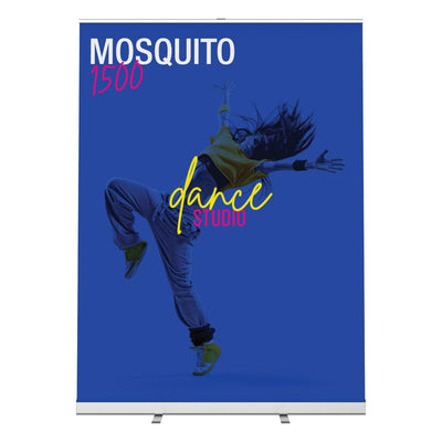 Retractable banner stand featuring dynamic dancer image and text for trade shows and exhibitions