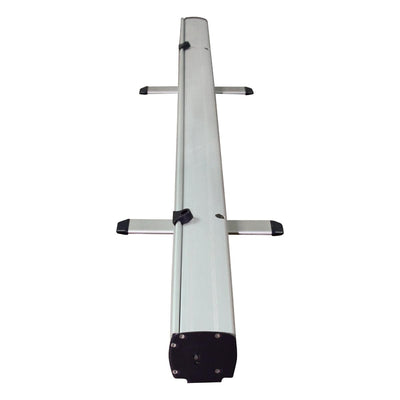 Compact retractable banner stand base with stabilizing feet for trade shows and exhibitions