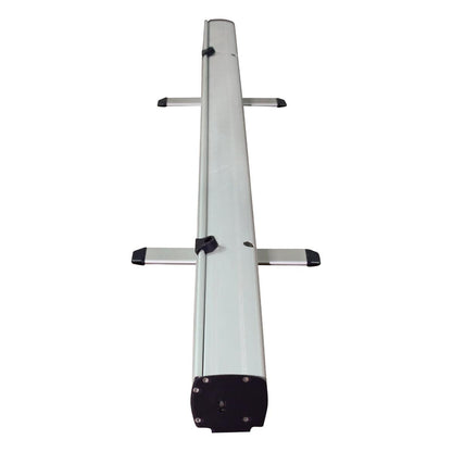 Compact retractable banner stand base with stabilizing feet for trade shows and exhibitions