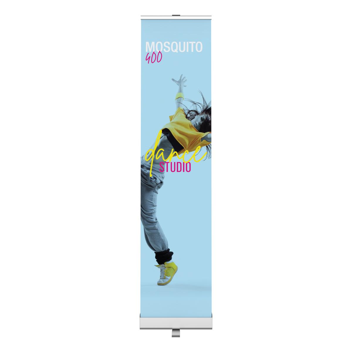 Tall retractable banner stand featuring dynamic dancer image for trade shows and exhibitions