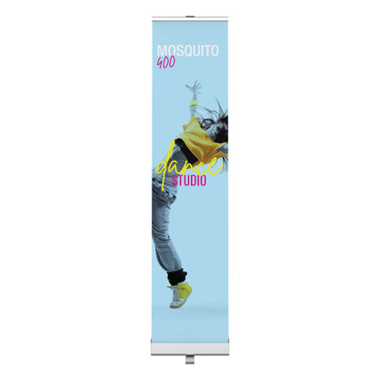 Tall retractable banner stand featuring dynamic dancer image for trade shows and exhibitions