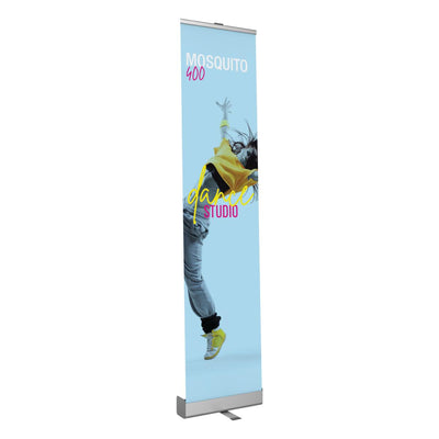 Vertical banner stand displaying dance studio advertisement for trade shows and exhibitions