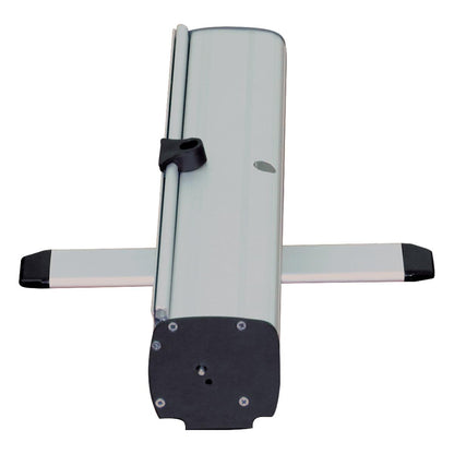 Retractable banner stand base with stabilizing feet for trade show and event displays