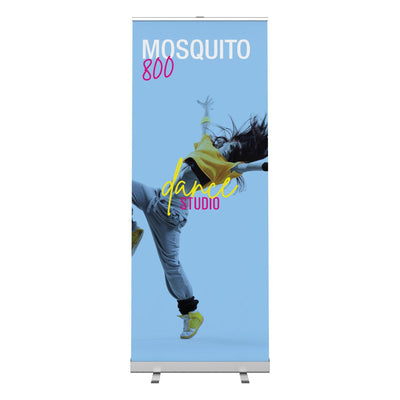 Retractable banner stand display featuring energetic dancer promotion, ideal for trade shows and exhibitions