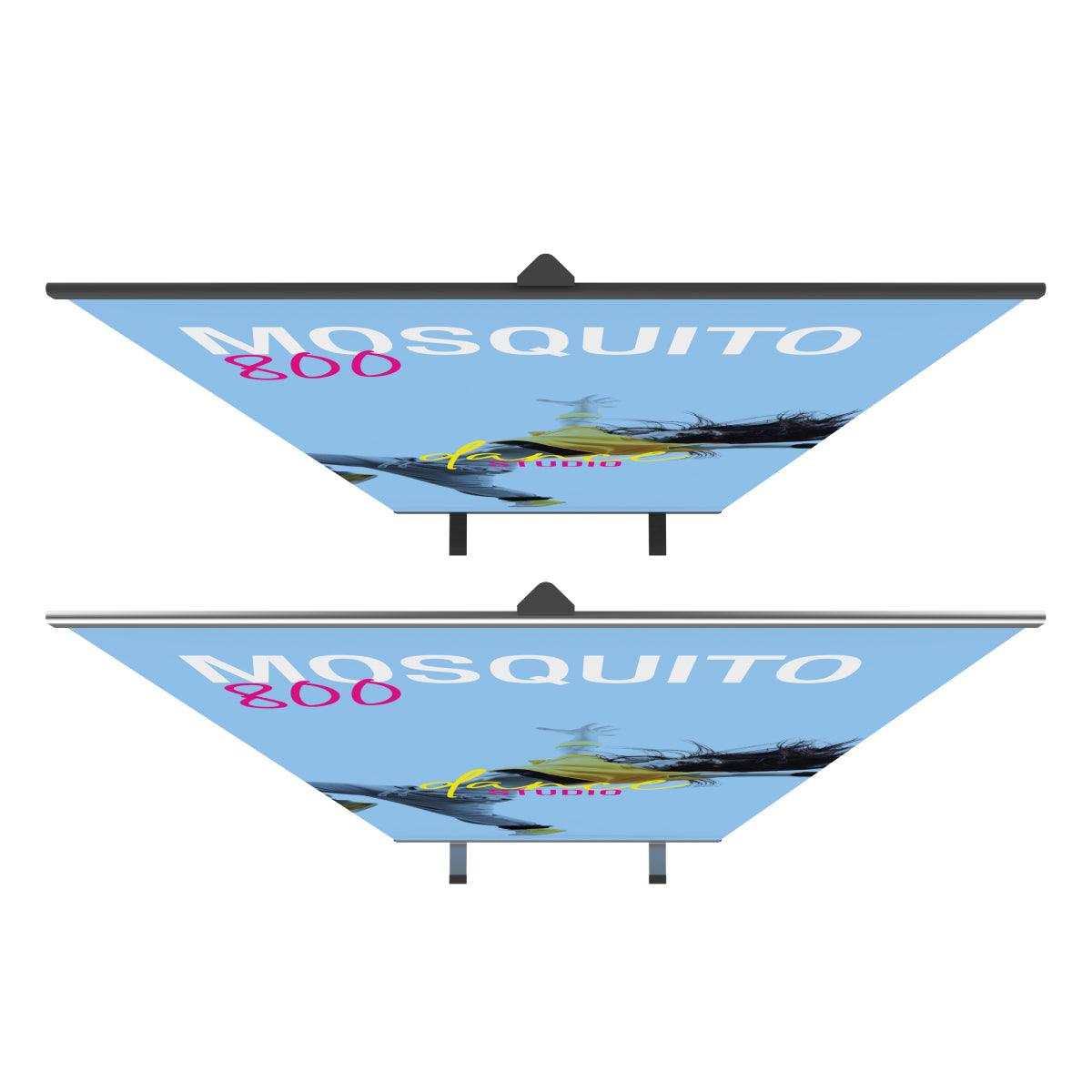 Double-sided banner stand for trade shows featuring MOSQUITO 800 event advertisement