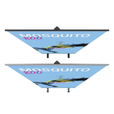 Double-sided banner stand for trade shows featuring MOSQUITO 800 event advertisement