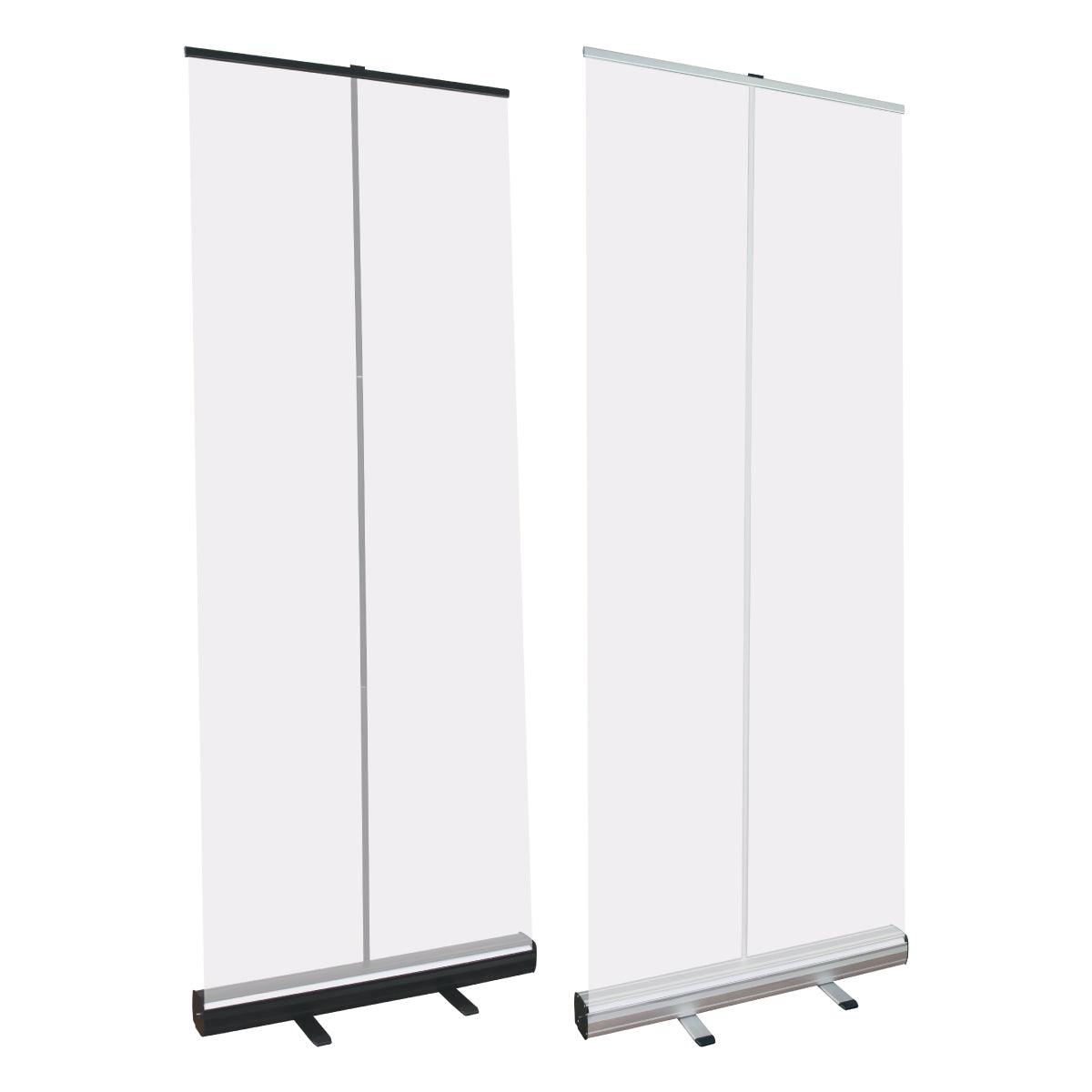 Two blank retractable banner stands ideal for trade shows, exhibitions, and special event displays