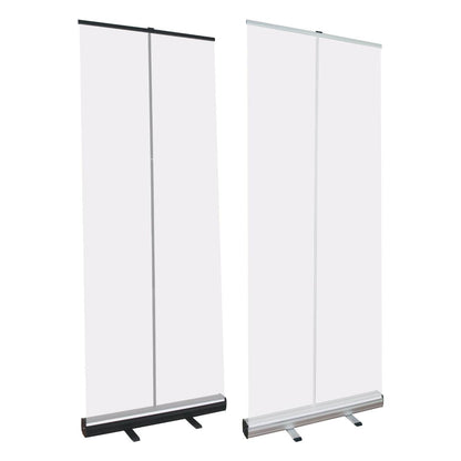 Two blank retractable banner stands ideal for trade shows, exhibitions, and special event displays