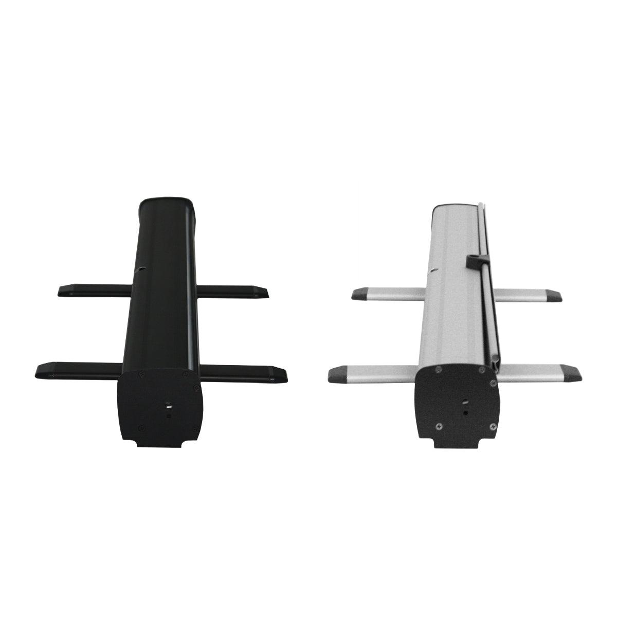 Two retractable banner stands with stabilizing feet for trade shows and exhibitions