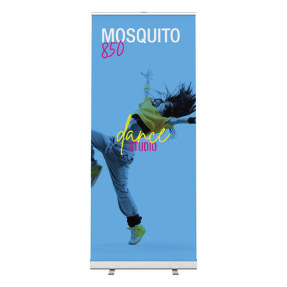 Vertical retractable banner stand for trade shows featuring dynamic dance studio advertisement with energetic dancer