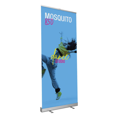 Retractable banner stand for trade shows featuring dynamic dance studio advertisement with dancer image