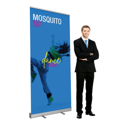 Retractable banner stand displaying dance studio advertisement with man in suit for trade shows and events