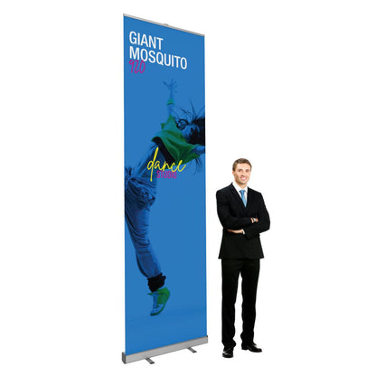 Giant mosquito banner stand with dance studio design for trade shows and exhibitions, next to man in suit