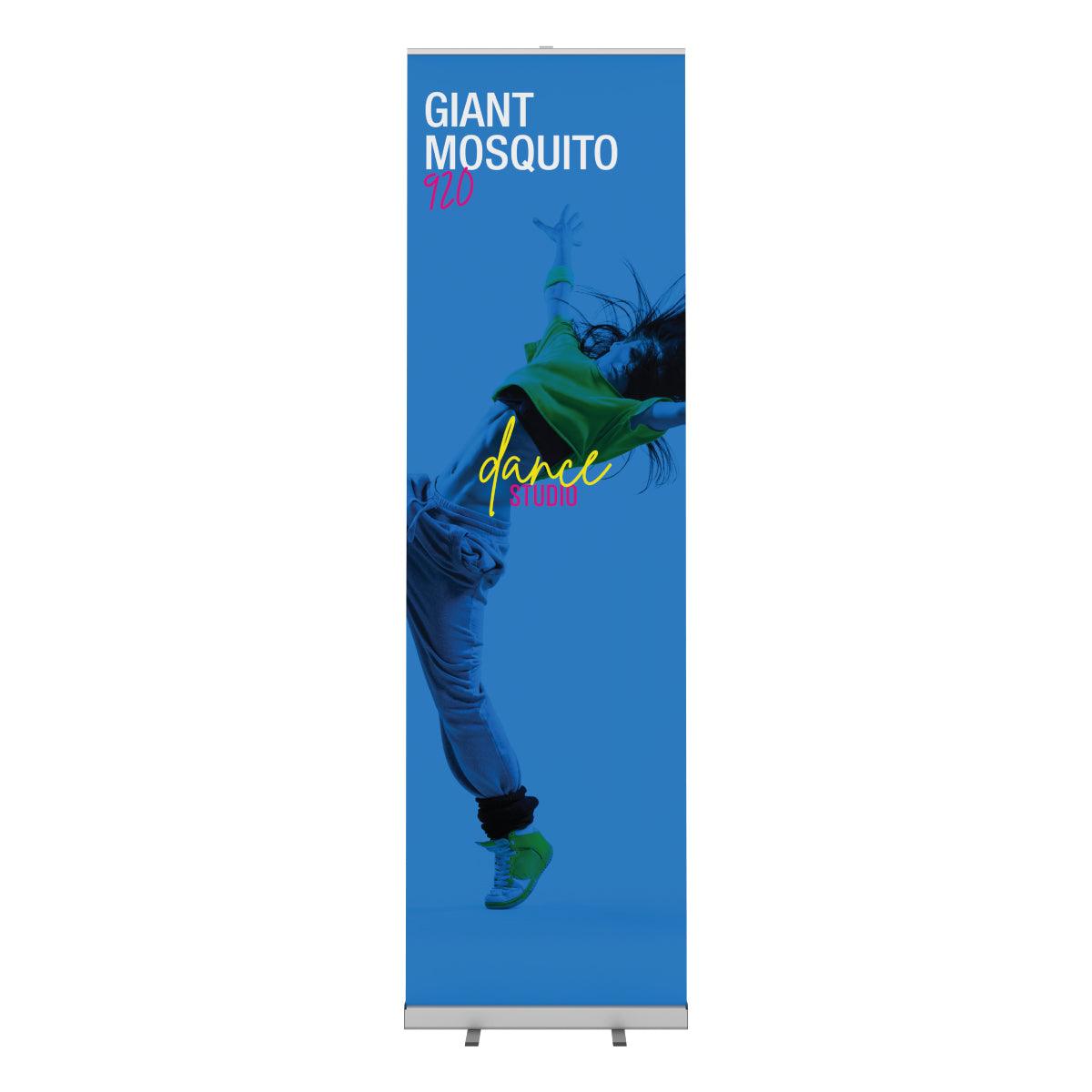 Tall Giant Mosquito retractable banner stand featuring a dynamic dance studio image for trade shows and exhibitions