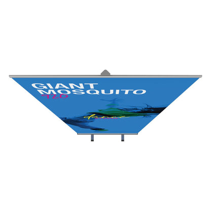 Large popup banner stand with abstract blue graphic and text for trade show displays and events