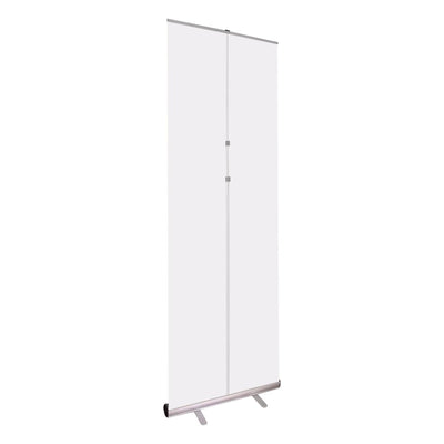 Tall retractable banner stand with blank white display for trade shows and exhibitions