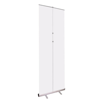 Tall retractable banner stand with blank white display for trade shows and exhibitions