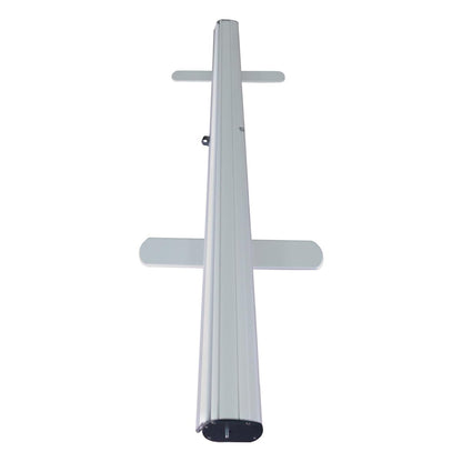 Compact trade show banner stand base with stabilizing feet for exhibitions and events