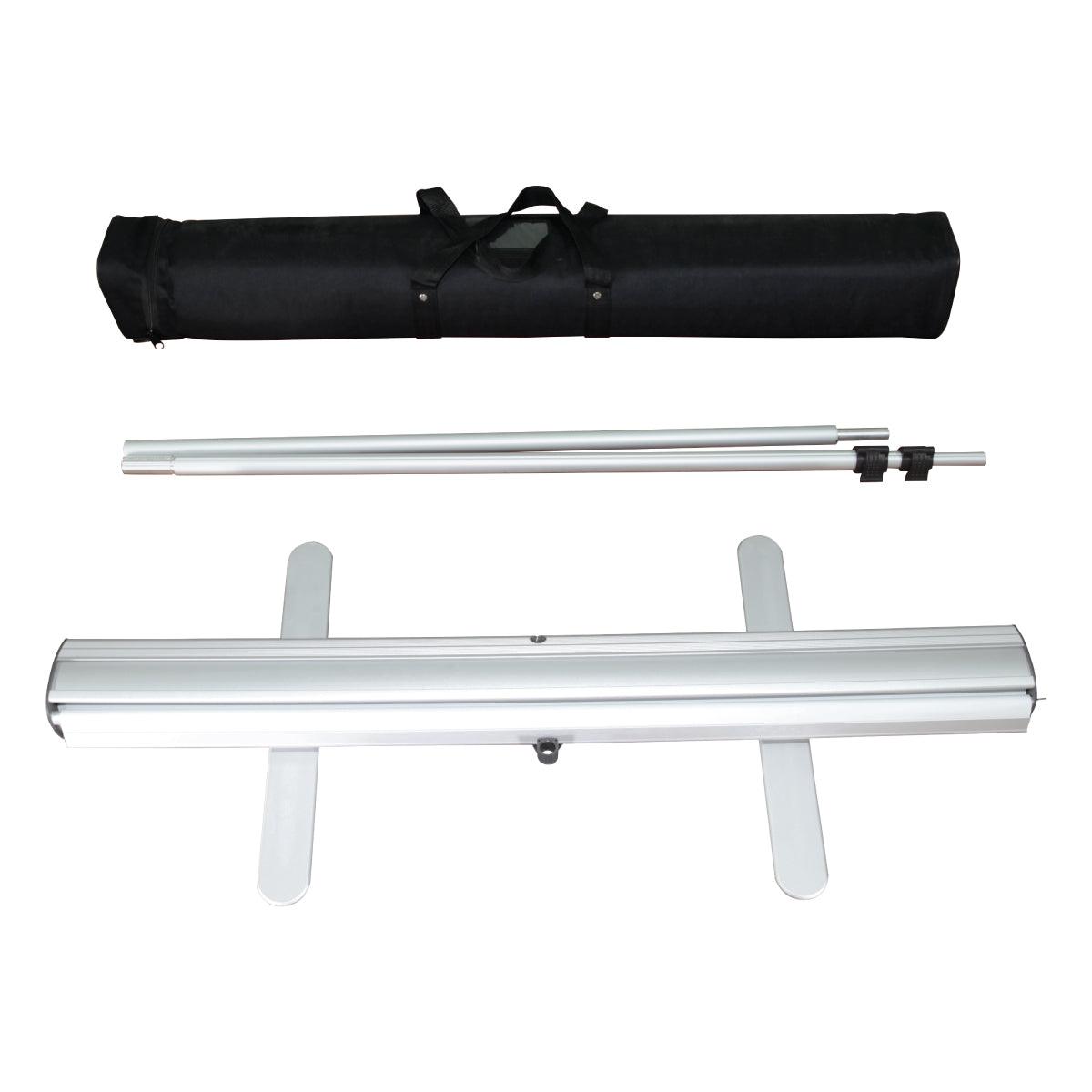 Portable banner stand components with carrying bag and support poles for trade shows and events