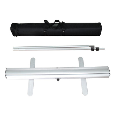 Portable banner stand components with carrying bag and support poles for trade shows and events