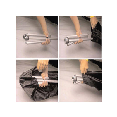 Hand demonstrating folding and storing trade show display poles into a carrying bag for easy transport
