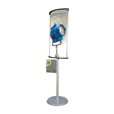 Freestanding curved sign stand with graphic display and literature holder for trade shows and exhibitions