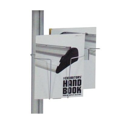 Clear brochure holder attached to vertical pole holding trade show handbooks for event marketing