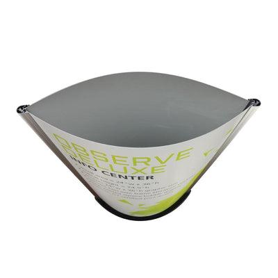 Curved portable sign stand with branded graphic for trade shows and exhibitions