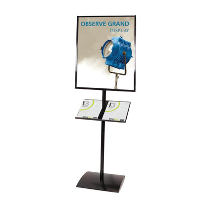 Freestanding sign stand with upper poster display and lower brochure holder for trade shows and events