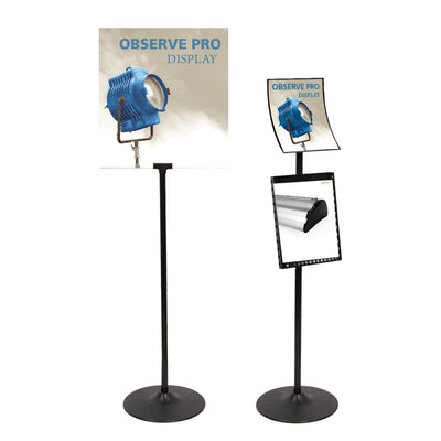 Adjustable sign stands for trade shows and exhibitions displaying promotional posters and product images