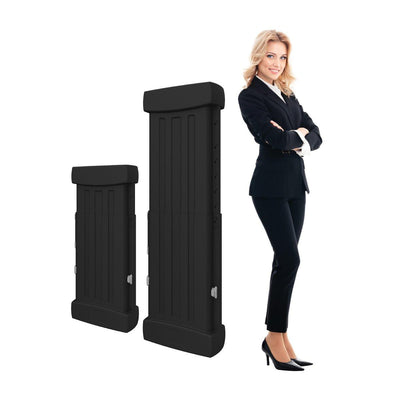 Two portable trade show display cases of different sizes next to a businesswoman for exhibition use