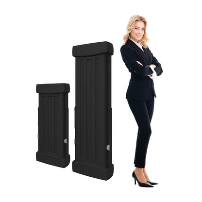 Two portable trade show display cases of different sizes next to a businesswoman for exhibition use