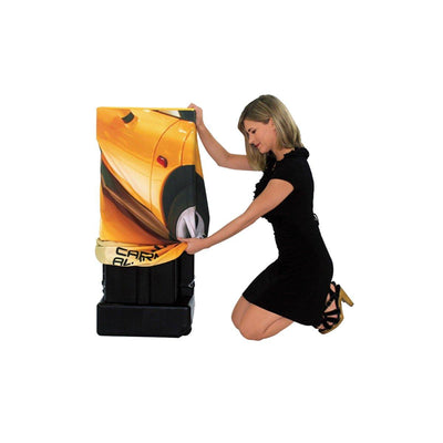 Woman assembling expandable shipping case with graphic print for trade shows and exhibitions