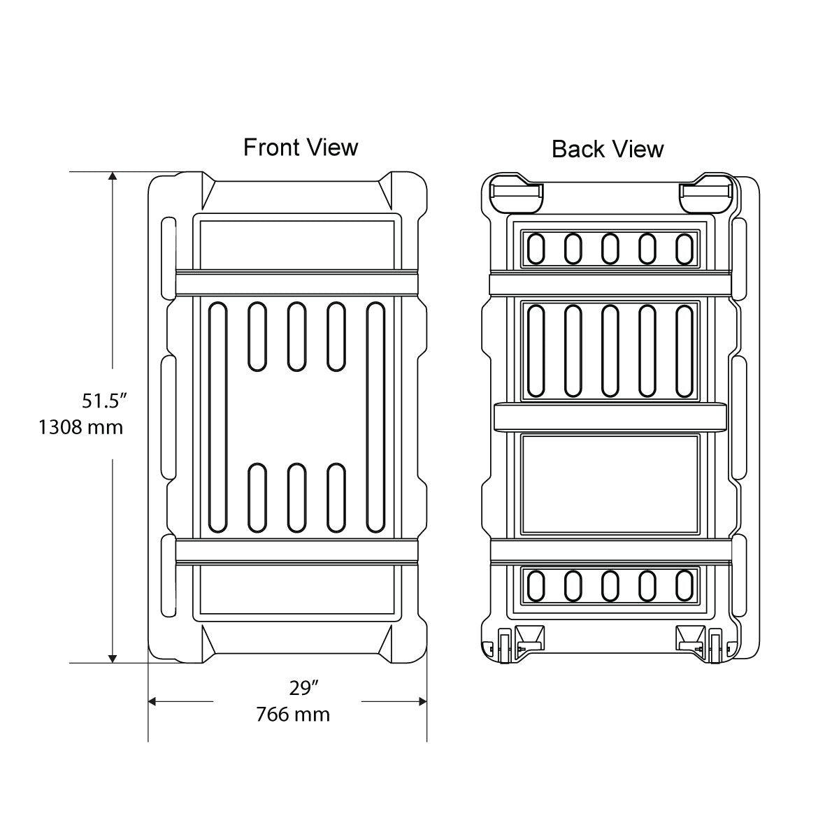 Technical drawing of a durable shipping case with front and back views for trade shows and exhibitions