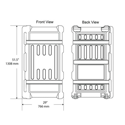Technical drawing of a durable shipping case with front and back views for trade shows and exhibitions