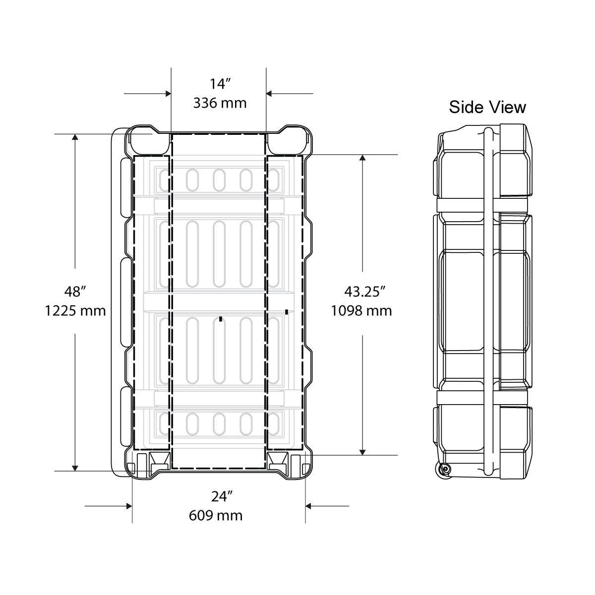 Technical diagram of rugged shipping case with dimensions for trade shows and exhibitions