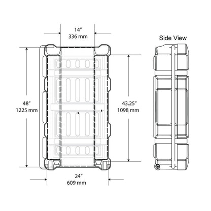 Technical diagram of rugged shipping case with dimensions for trade shows and exhibitions
