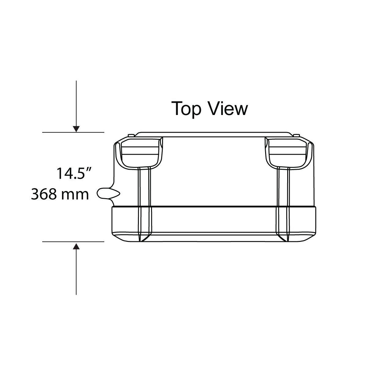 Top view technical drawing of a compact shipping case for trade shows and exhibitions, showing 14.5-inch dimension