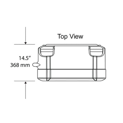 Top view technical drawing of a compact shipping case for trade shows and exhibitions, showing 14.5-inch dimension