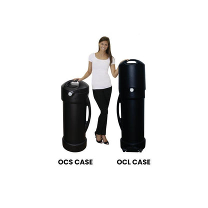 Woman standing between two sturdy shipping cases labeled OCS case and OCL case for trade shows and events