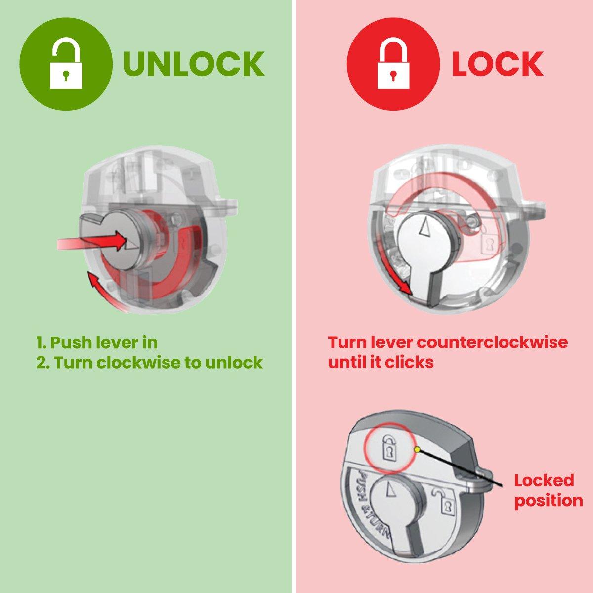 Instruction diagram showing lever lock mechanism for trade show and exhibition shipping cases
