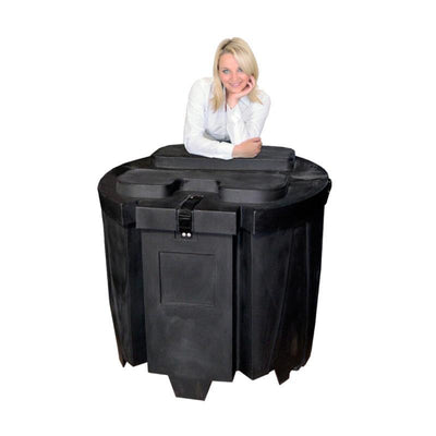 portable trade show case with a woman leaning on it, ideal for exhibitions and special event transport